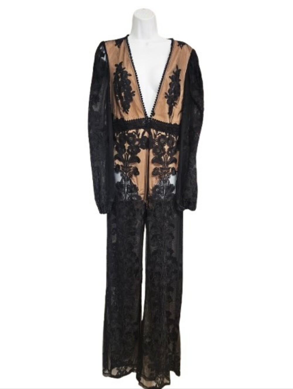 For Love & Lemons Temecula Lace Jumpsuit Black Nude Sheer Floral Large